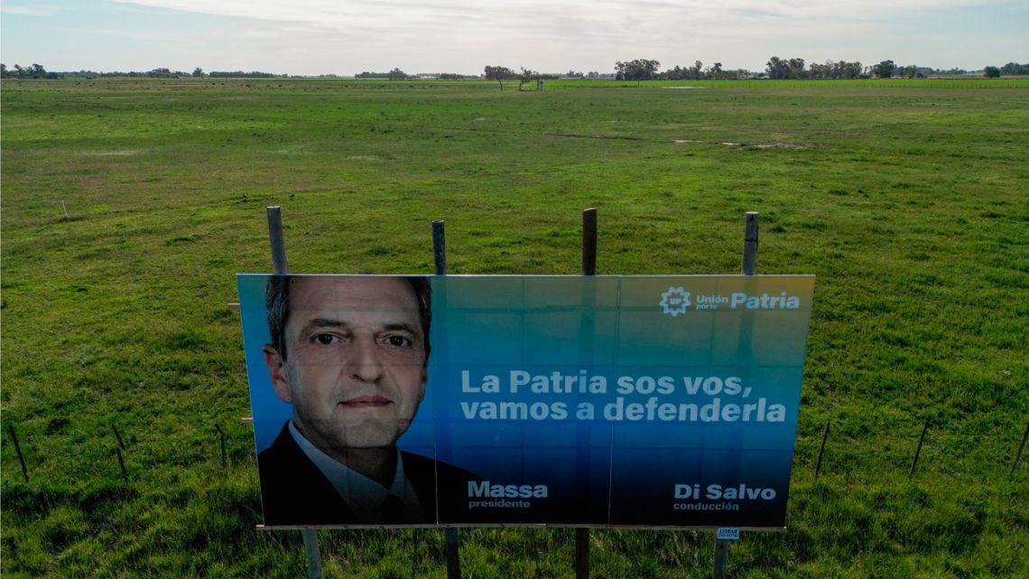 Aerial view of political advertising promoting the candidacy of Argentina's Economy Minister and presidential candidate for the Unión por la Patria coalition, Sergio Massa, is seen along a road in Saladillo, Buenos Aires Province on November 9, 2023. 
