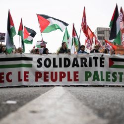 Los manifestantes sostienen una pancarta que dice "solidaridad con el pueblo palestino" durante una manifestación por la paz en Gaza organizada por el sindicato francés CGT, en Toulouse, suroeste de Francia. | Foto:LIONEL BUENAVENTURA / AFP