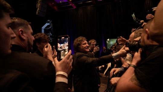 Javier Milei celebrates on election night.