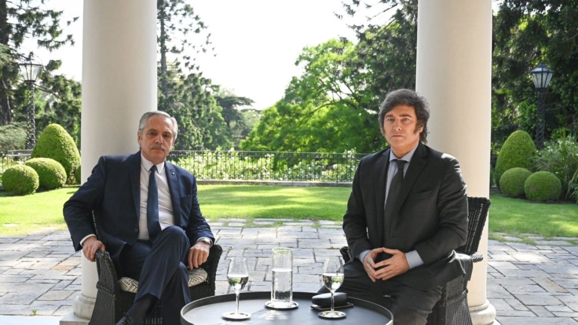 President Alberto Fernández meets with President-elect Javier Milei at the Olivos presidential residence for talks over the transition of power on December 10.