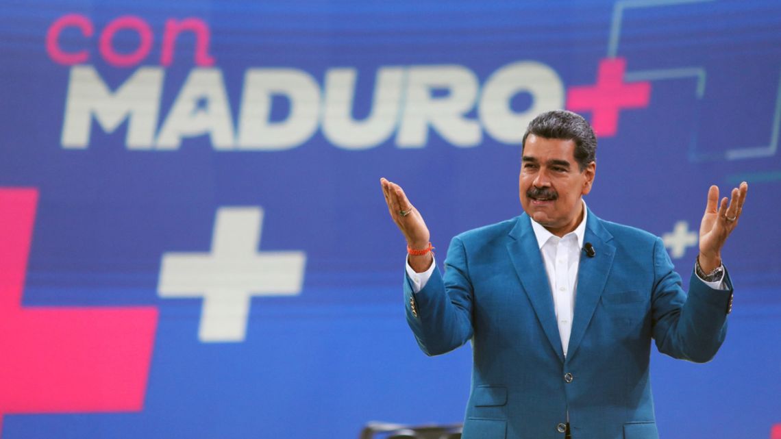 This handout picture released by Miraflores Press Office shows Venezuela's President Nicolás Maduro speaking during his television programme in Caracas, on November 20, 2023.