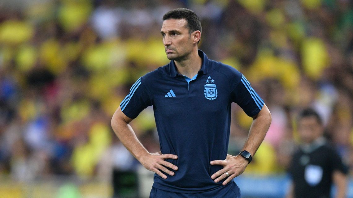Argentina's coach Lionel Scaloni looks on during the 2026 FIFA World Cup South American qualification football match between Brazil and Argentina at Maracanã Stadium in Rio de Janeiro, Brazil, on November 21, 2023. 
