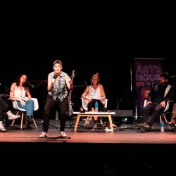 Images from the recording of the BBC World Service radio show 'Arts Hour on Tour,' recorded in Buenos Aires in November 2023. Presenter Nikki Bedi welcomed singer-composer Danta Spinetta, the band Fémina, comedian Ana Carolina, director Benjamin Naishtat and actor Delfina Chaves.