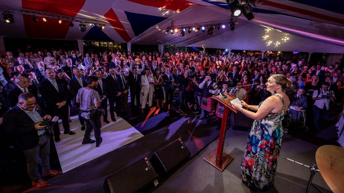 British Ambassador to Argentina Kirsty Hayes delivers a speech at a party marking the 75th birthday of King Charles III.