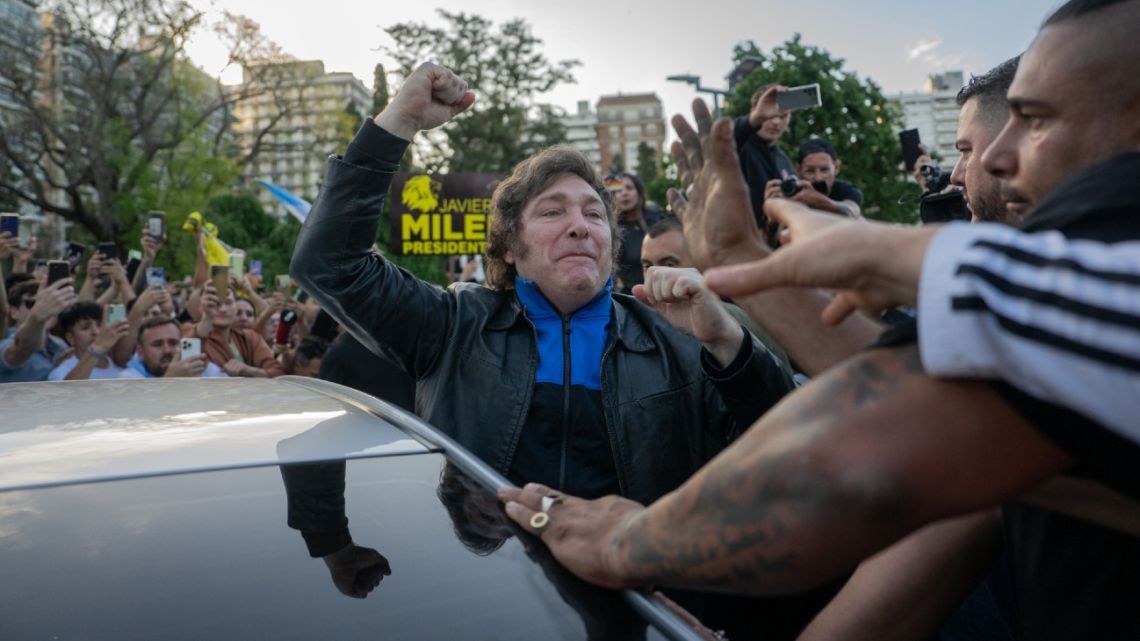 Javier Milei, presidential candidate for La Libertad Avanza, during a caravan campaign rally in Rosario, Santa Fe Province, Argentina, on Tuesday, November 14, 2023.