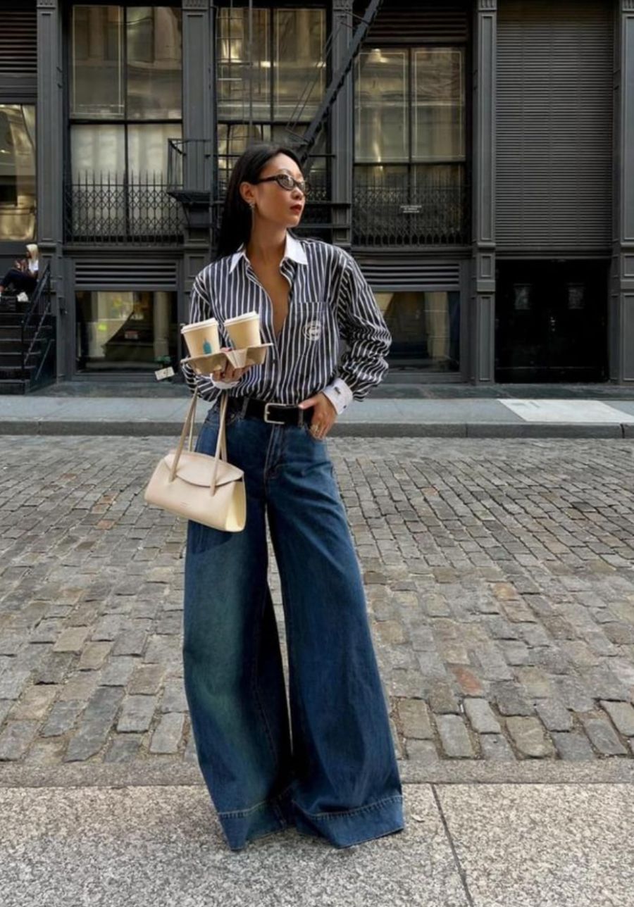 Women's High Waisted Wide Leg Jeans - Star Pattern Loose Fit Denim Pants 90s Vintage Style