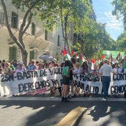 People march against violence holding Palestinian flags for 25N. 