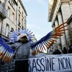 Un hombre vestido como un pájaro Outarde y otros manifestantes se reúnen frente al Tribunal Penal de Niort, en el oeste de Francia, para apoyar a dirigentes sindicales y activistas medioambientales. Foto de Thibaud MORITZ / AFP | Foto:AFP