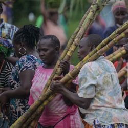 Mujeres que venden caña de azúcar se acercan a un vehículo en el mercado de carretera de Ekerorano en Kisii. Foto de SIMON MAINA / AFP | Foto:AFP