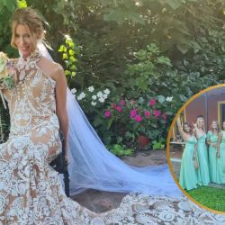 Las damas de honor usaron vestidos color verde menta en la boda de Nicole Neumann