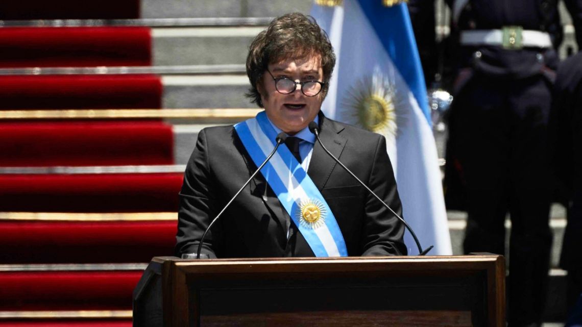 Javier Milei delivers his first speech as president from the steps of Congress, on December 10, 2023.