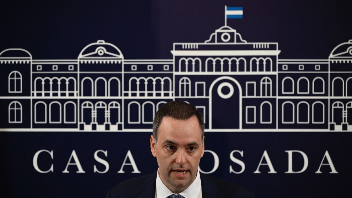 Argentina's presidential spokesman Manuel Adorni speaks during a press conference at Casa Rosada presidential palace in Buenos Aires on December 11, 2023. 