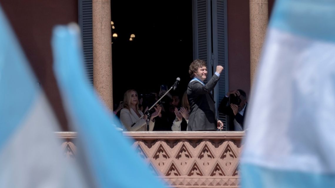 Javier Milei, Argentina’s president, delivers a speech from the balcony of the Casa Rosada in Buenos Aires on Sunday, December 10, 2023.