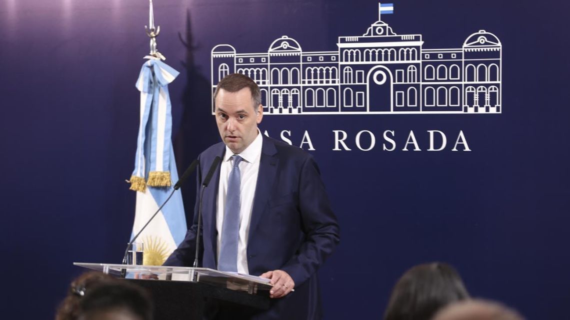 Presidential spokesperson Manuel Adorni delivers a press conference at the Casa Rosada.