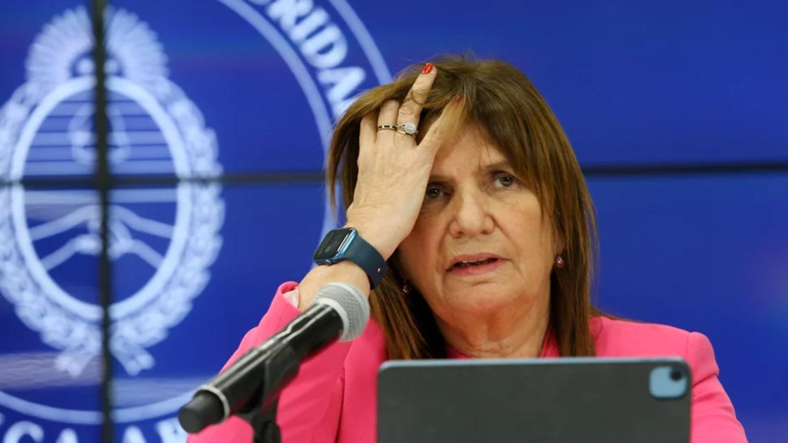 Security Minister Patricia Bullrich unveils her anti-protest protocol at a press conference at the Security Ministry's headquarters in Recoleta, Buenos Aires.