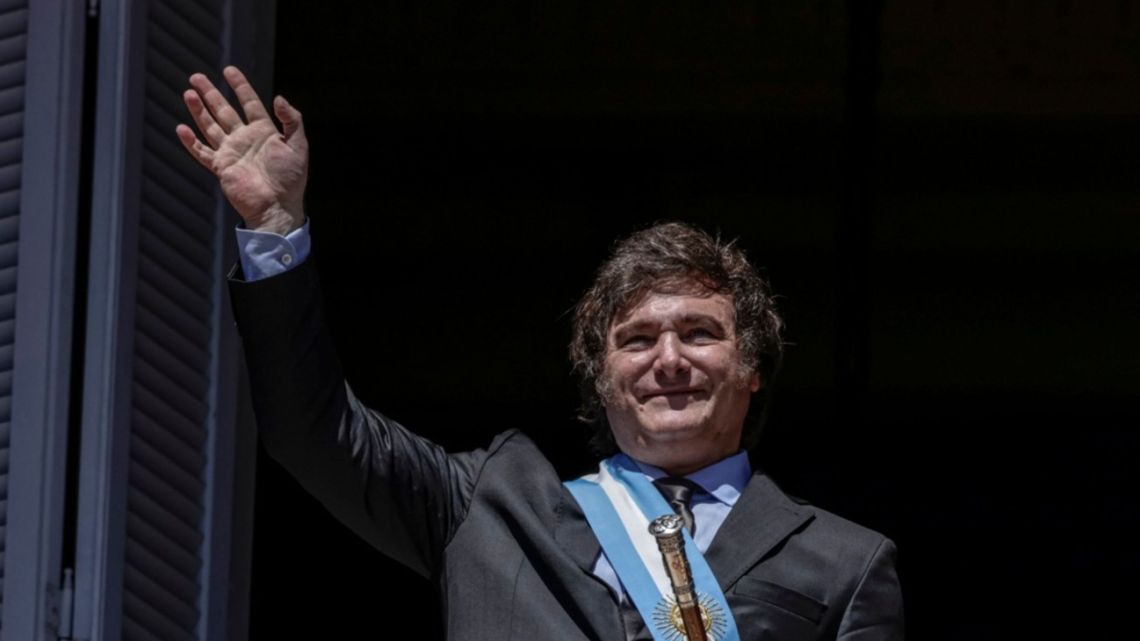Javier Milei, Argentina's president, delivers a speech from the balcony of the Casa Rosada in Buenos Aires, Argentina, on Sunday, December 10, 2023.