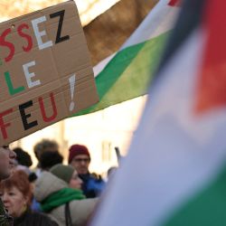 Un manifestante sostiene un cartel que dice "¡alto el fuego!" Durante una manifestación pidiendo un alto el fuego permanente en la guerra entre Israel y Hamás en Gaza, en París. | Foto:THOMAS SAMSON / AFP
