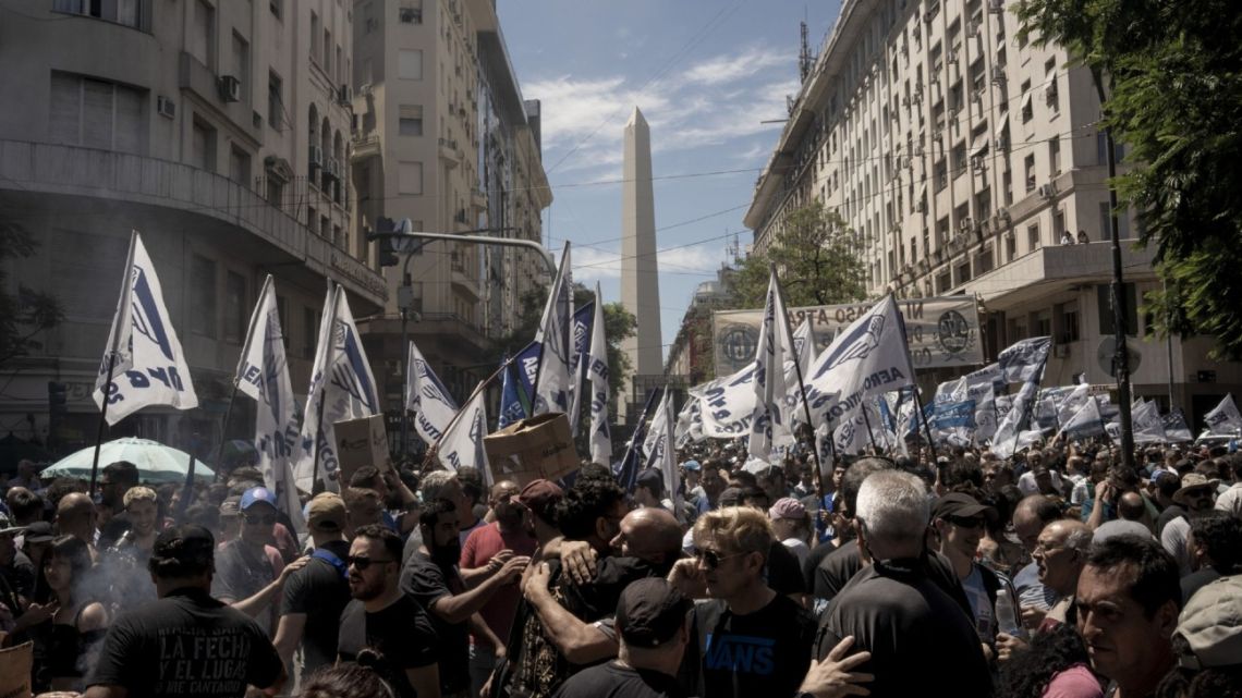 Protesters and members of the General Confederation of Labour (CGT) union during an anti-government demonstration in Buenos Aires on Wednesday, December 27, 2023. 