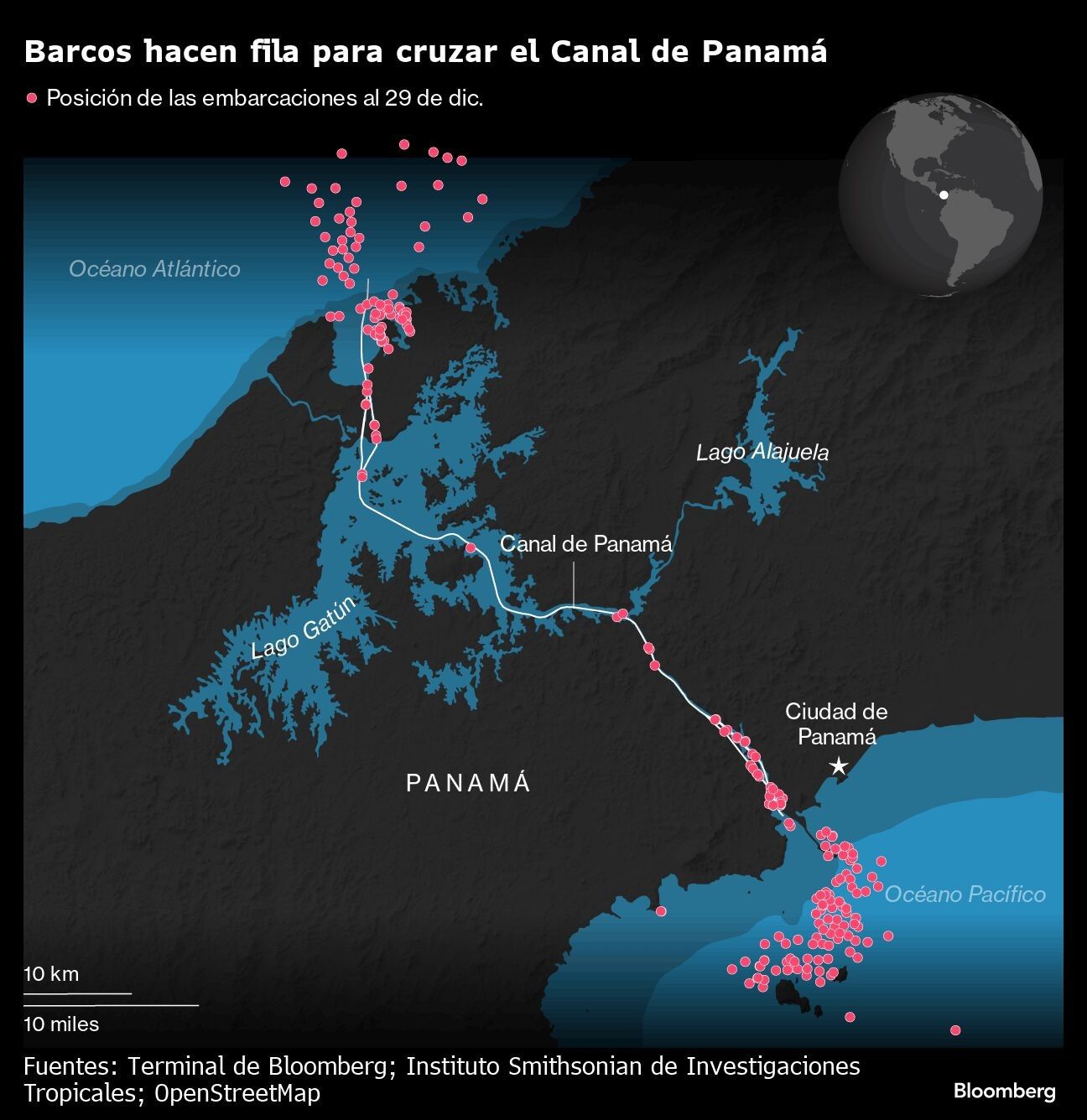 Barcos hacen fila para cruzar el Canal de Panamá |