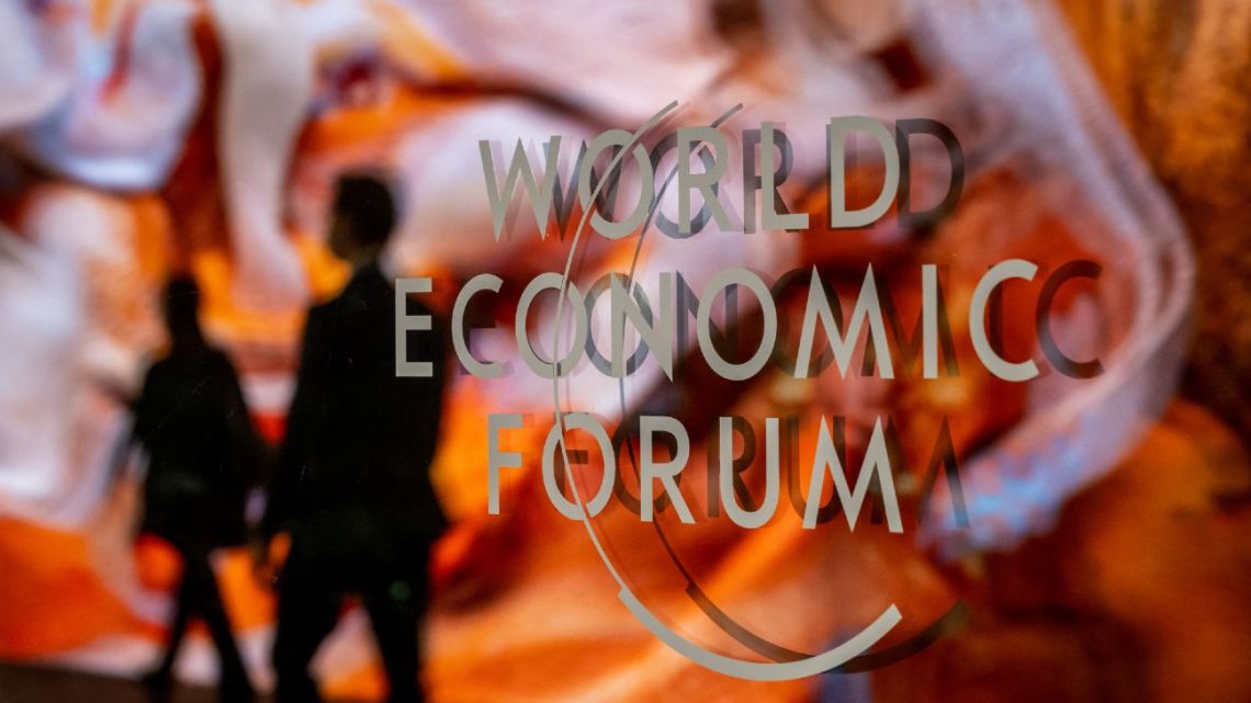 A photograph shows a sign of the World Economic Forum (WEF) at the Congress centre on the opening day of the World Economic Forum (WEF) annual meeting in Davos on January 16, 2023.