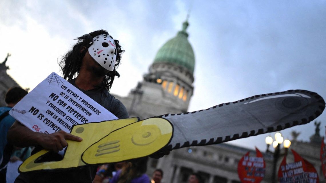 People take part in a demonstration in support of culture and against the Omnibus bill presented by the government of President Javier Milei, in Buenos Aires on January 10, 2024. 