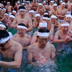 Personas se bendicen en agua helada para la buena salud, en Tokio, Japón. | Foto:Xinhua/Zhang Xiaoyu