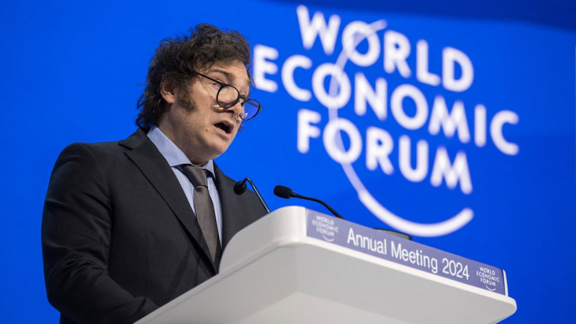 Argentina's President Javier Milei delivers a speech at the World Economic Forum (WEF) meeting in Davos on January 17, 2024. 