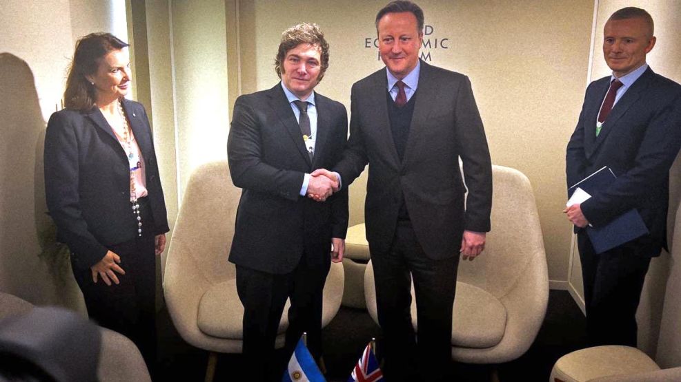El presidente Javier Milei y el canciller de Reino Unido David Cameron en la reunión bilateral en el Foro Económico Mundial en Davos