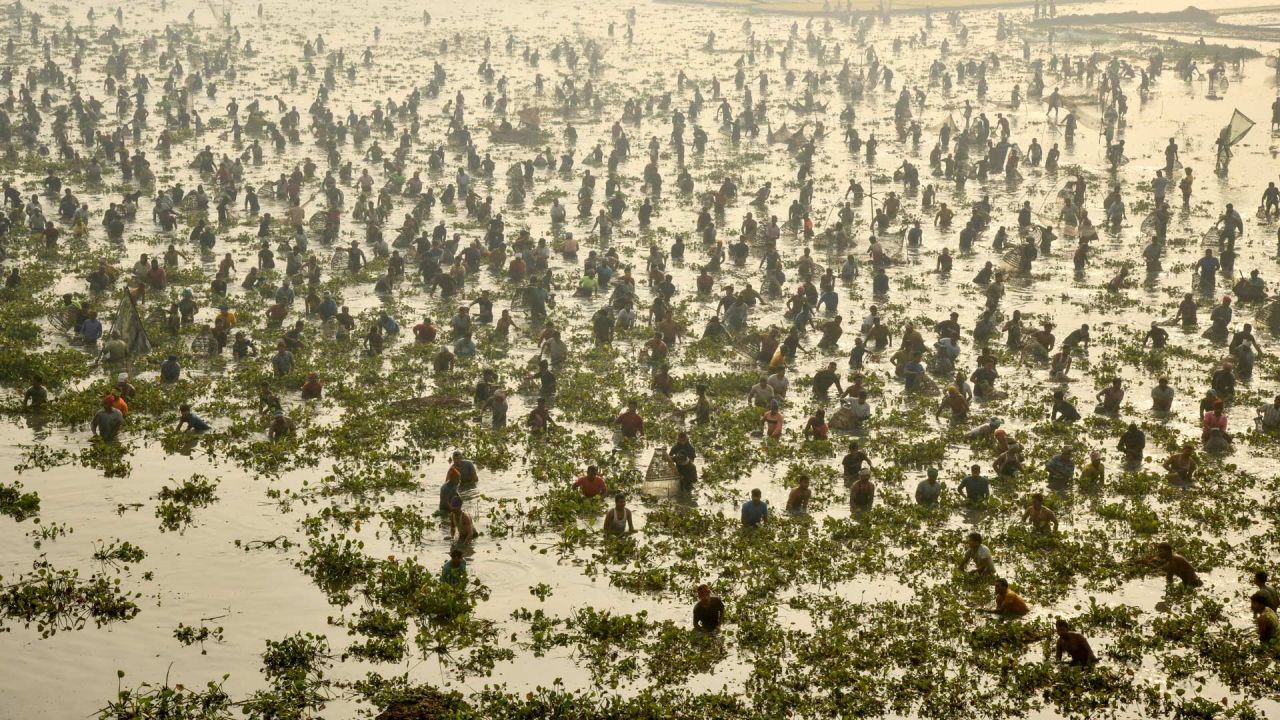 Los aldeanos participan en un evento comunitario de pesca con motivo del festival 'Bhogali Bihu' para marcar el final de la temporada de cosecha, en una brumosa mañana de invierno en el lago Bamuni, a unos 40 kilómetros de Guwahati, en el estado indio de Assam. | Foto:BIJU BORO / AFP