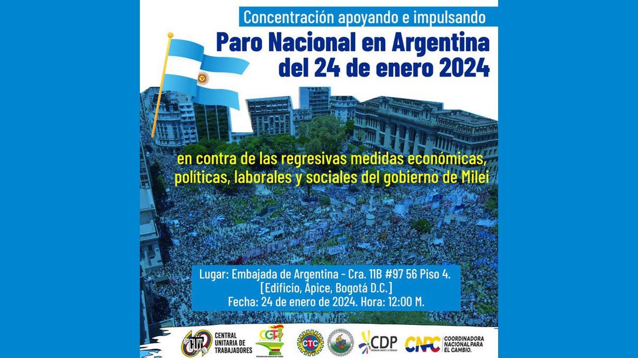 Afiches de los apoyos internacionales al Paro del 24 de enero contra el DNU y ajuste del gobierno de Milei.