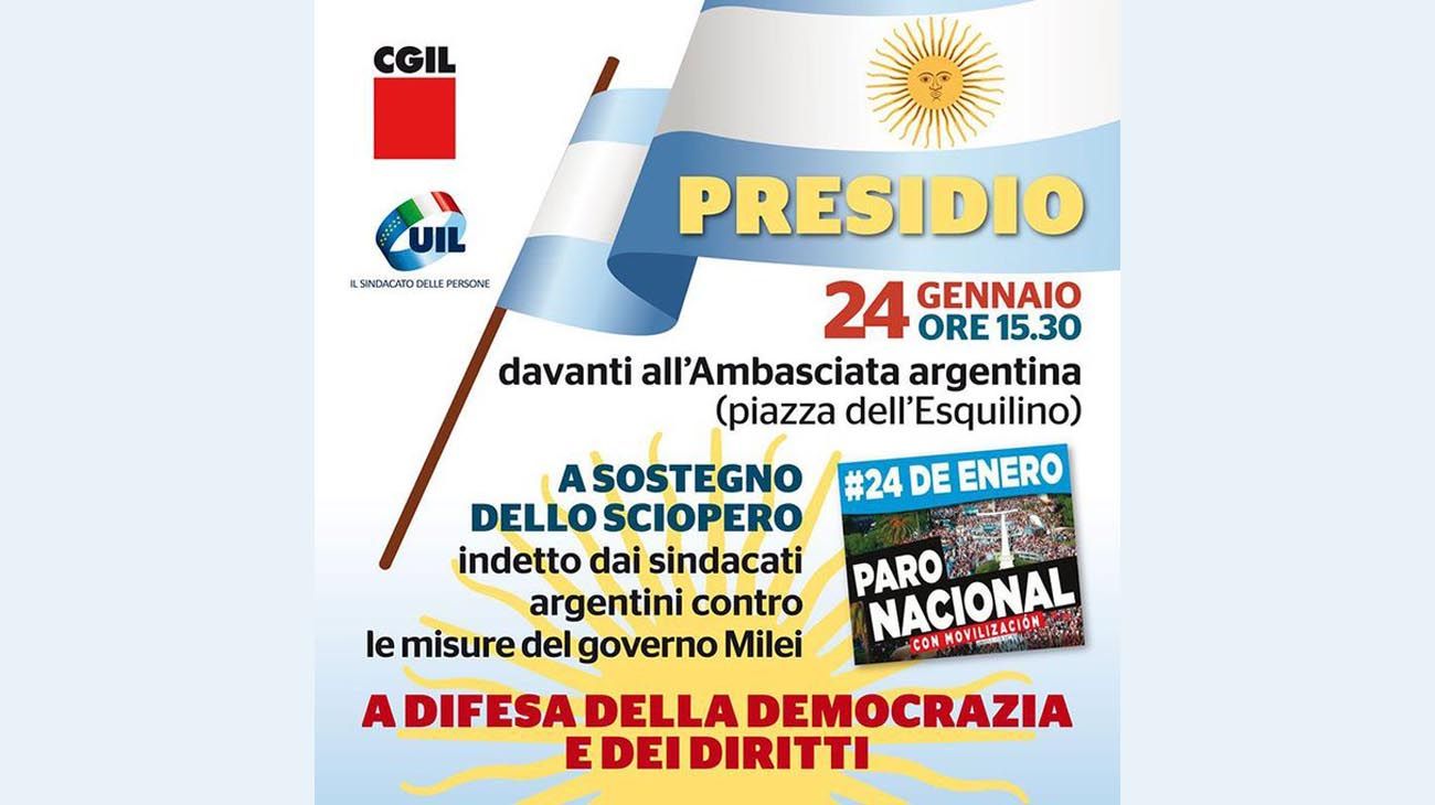 Afiches de los apoyos internacionales al Paro del 24 de enero contra el DNU y ajuste del gobierno de Milei.