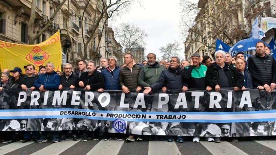 Demonstrators from the CGT umbrella union grouping demonstrate against President Javier Milei's government in Buenos Aires.
