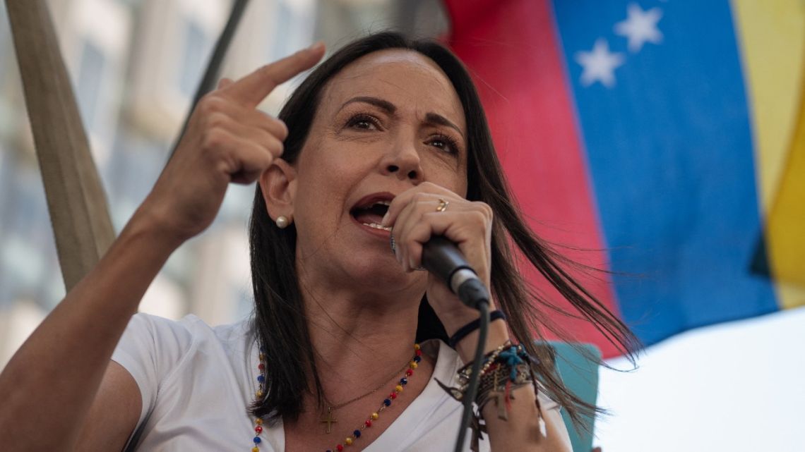Venezuelan opposition leader María Corina Machado speaks to supporters during a demonstration on the anniversary of the 1958 uprising that overthrew a military dictatorship, at the Altamira square in Caracas on January 23, 2024.