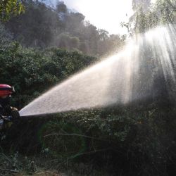 Un bombero intenta apagar un incendio forestal, en el municipio de Nemocón, en el departamento de Cundinamarca, Colombia. | Foto:Xinhua/Str