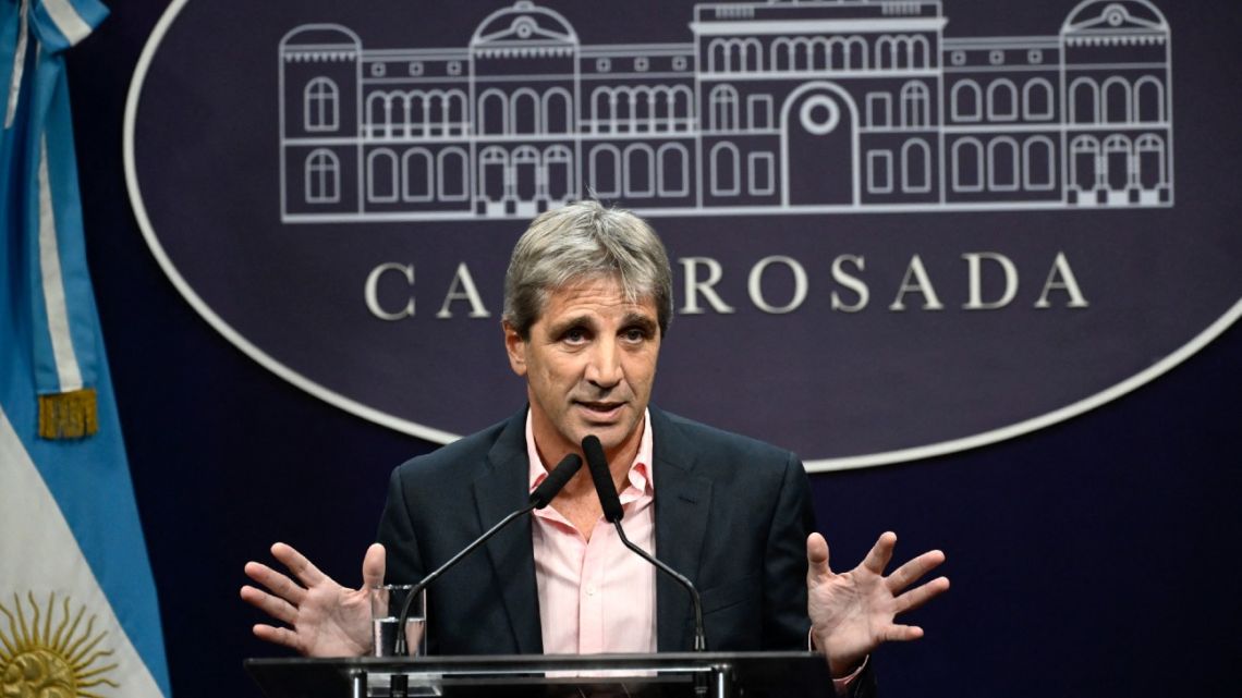 Economy Minister Luis Caputo speaks during a press conference at Casa Rosada presidential palace in Buenos Aires on January 26, 2024.