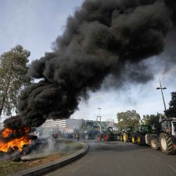 Los agricultores queman neumáticos mientras los tractores bloquean la entrada del aeropuerto de Toulouse-Blagnac en Toulouse, suroeste de Francia. Foto de Lionel BUENAVENTURA / AFP | Foto:AFP