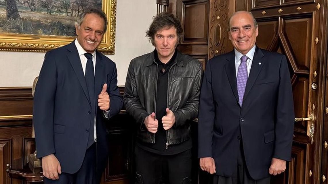 Daniel Scioli, pictured with President Javier Milei and Interior Minister Guillermo Francos.