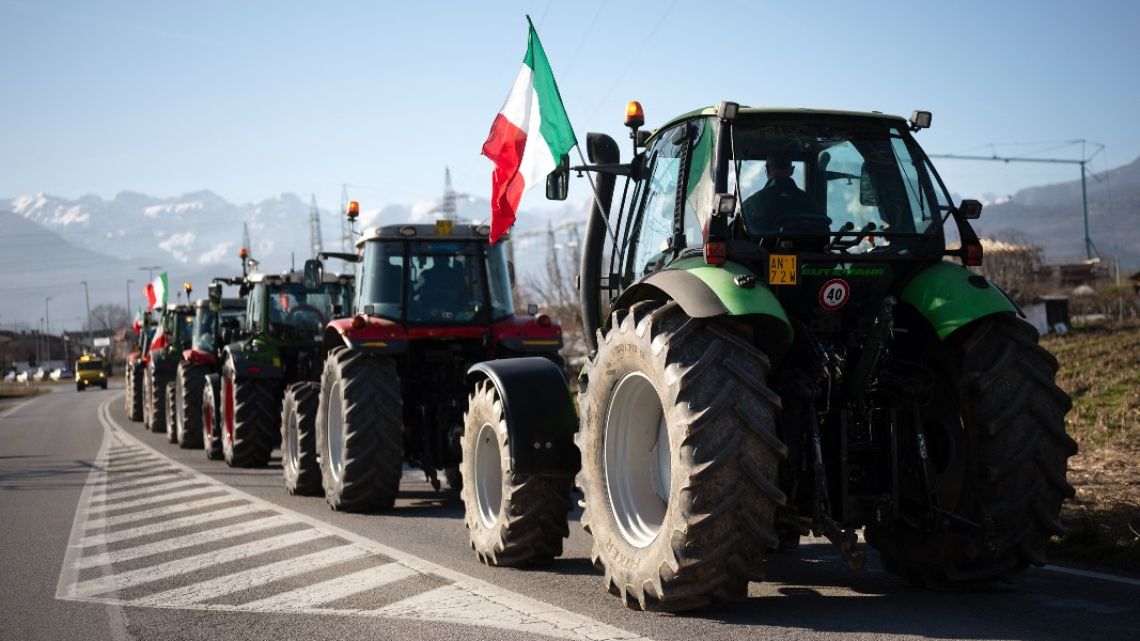 Italian farmers gather with their tractors during a protest in Cuneo, Piedmont, on January 31, 2023.