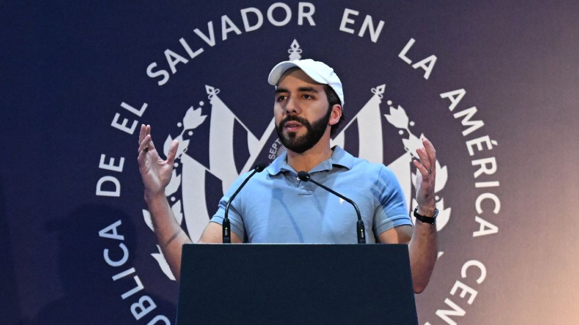 Salvadoran President Nayib Bukele delivers a speech after casting his vote in San Salvador on February 4, 2024.