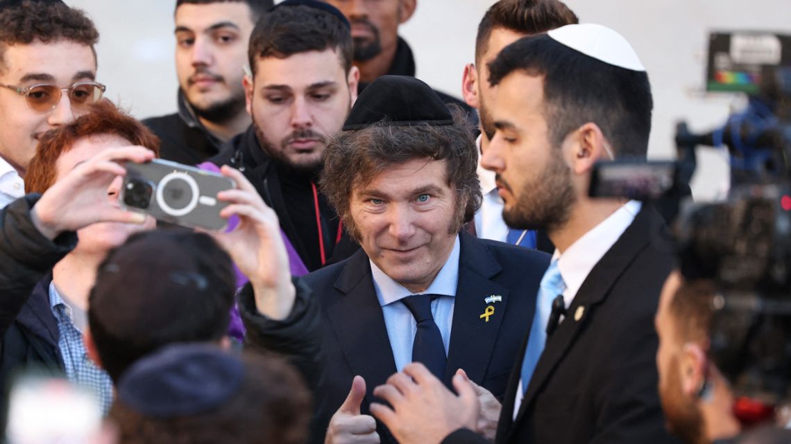 Argentina's President Javier Milei looks on during a visit to the Western Wall, the last remaining vestige of the Second Temple which is considered the holiest site where Jews can pray, in Jerusalem's Old City on February 6, 2024. 