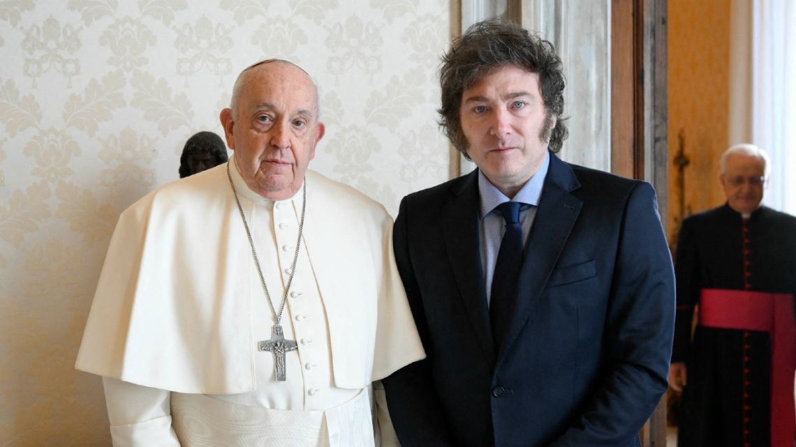 This photo taken on February 12, 2024, shows Pope Francis during a private audience with President Javier Milei at the Vatican. 