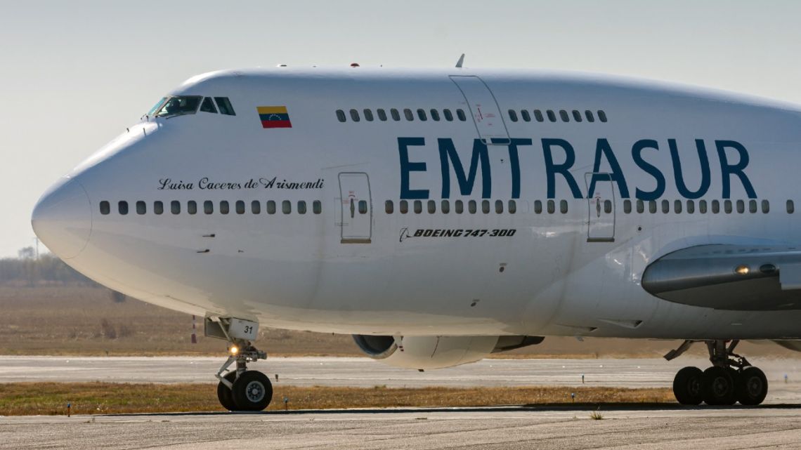 View of the Boeing 747-300 registrered number YV3531 of Venezuelan Emtrasur cargo airline at the international airport in Cördoba, Argentina, on June 6, 2022, before taking off for Buenos Aires.