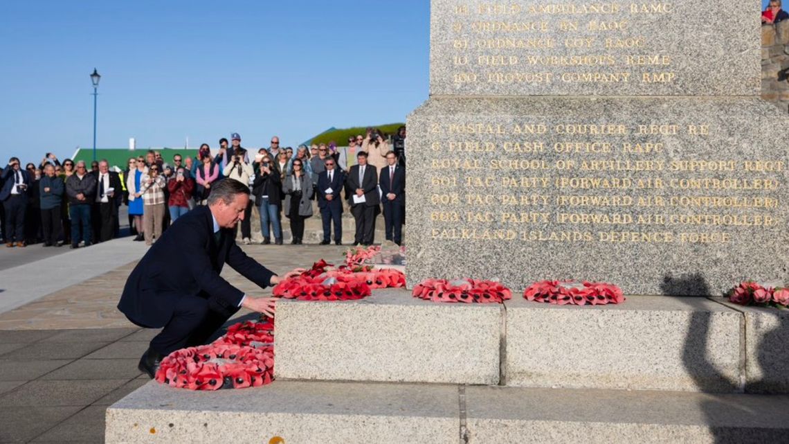 British Foreign Secretary David Cameron lays a wreath at a war memorial during his visit to the Malvinas (Falkland) Islands.