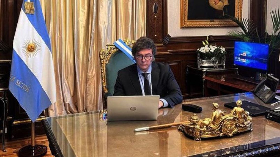 President Javier Milei, photographed in his office at the Casa Rosada.