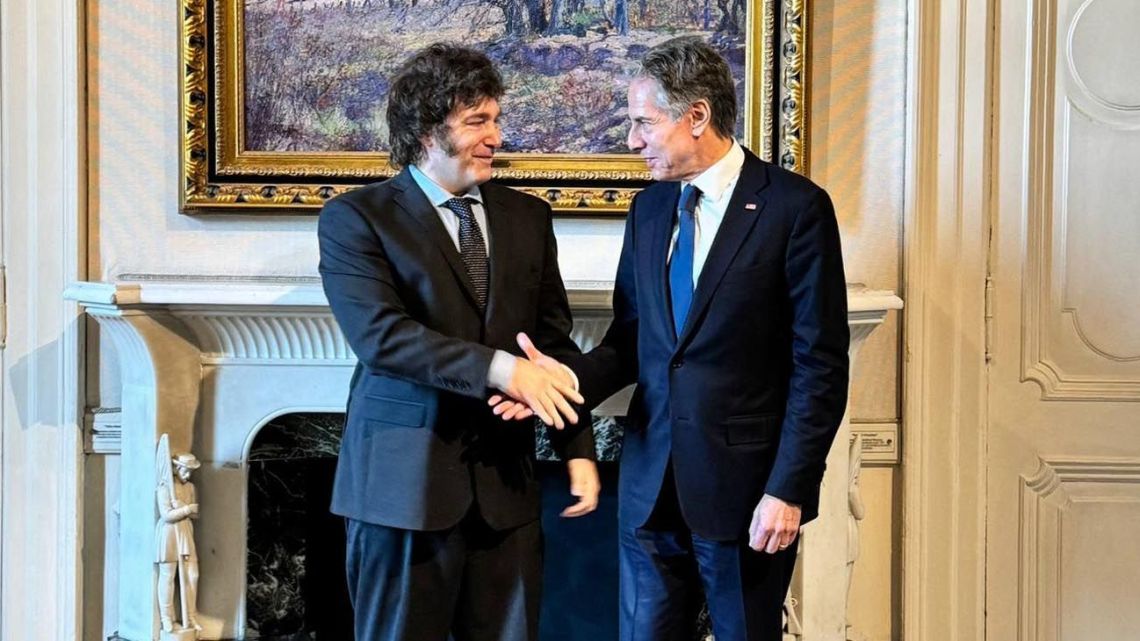 President Javier Milei receives US Secretary of State Antony Blinken at the Casa Rosada.