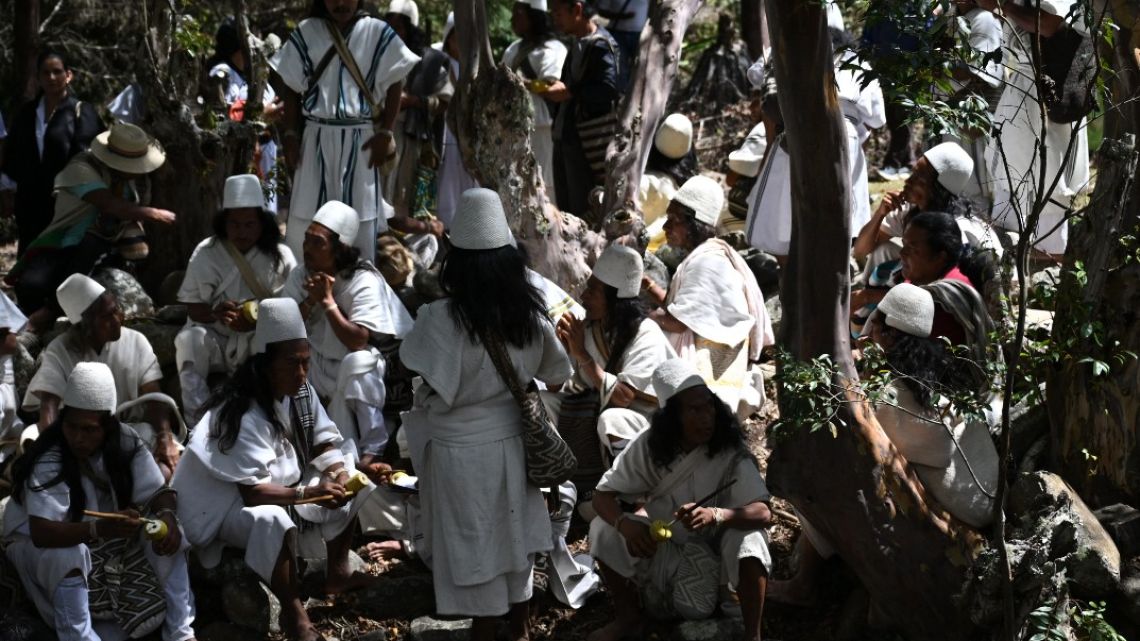 Arhuaco Indigenous attend a meeting with other indigenous communities from different regions of the country at the Sierra Nevada de Santa Marta, Colombia, on February 10, 2024. 