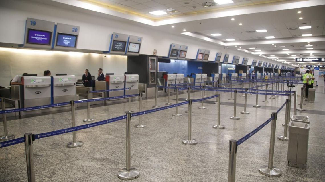 Empty check-in desks at Aeroparque Jorge Newbery. More than 35,000 passengers have been affected by the cancellation of more than 400 flights after Argentina's aviation workers walked off the job on Wednesday, February 28, 2024.