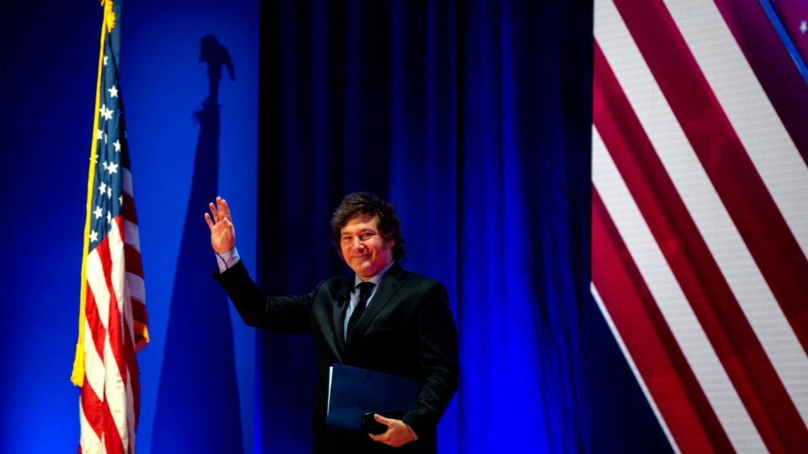 President Javier Milei arrives to speak at the Conservative Political Action Conference in National Harbor, Maryland on February 24, 2024.