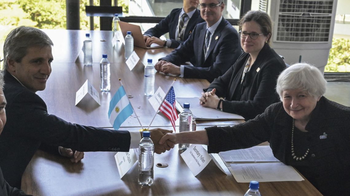 US Treasury Secretary Janet Yellen and Economy Minister Luis Caputo shake hands during a bilateral meeting in the framework of the G20 finance ministers meeting in São Paulo.