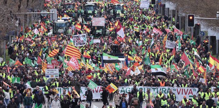 Los agricultores protestan para denunciar sus condiciones y la política agrícola europea, en la avenida Castellana de Madrid, España.